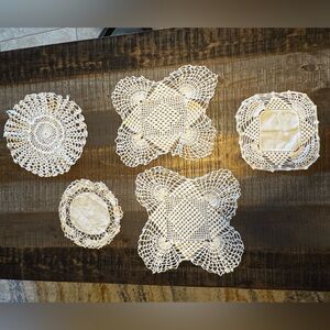 Lot of 5 vintage Crocheted Doilies White Various Shapes and Sizes